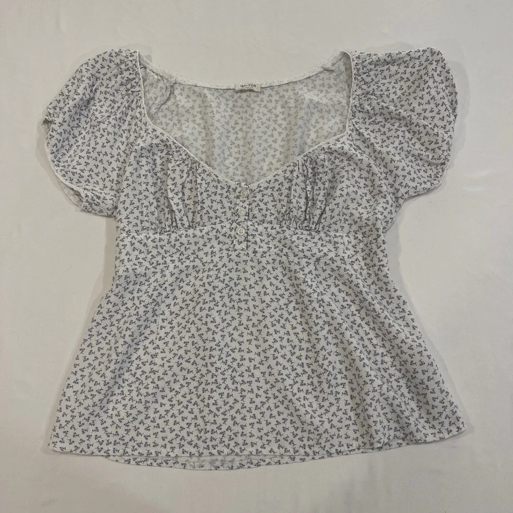 John Galt Floral Puff Sleeve Top Womens‎ One Size White Blue Smocked Cottagecore